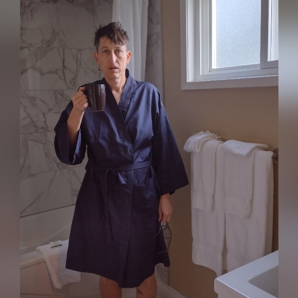 Vintage Satin Robe Navy Blue With Subtle Red Polka Dots